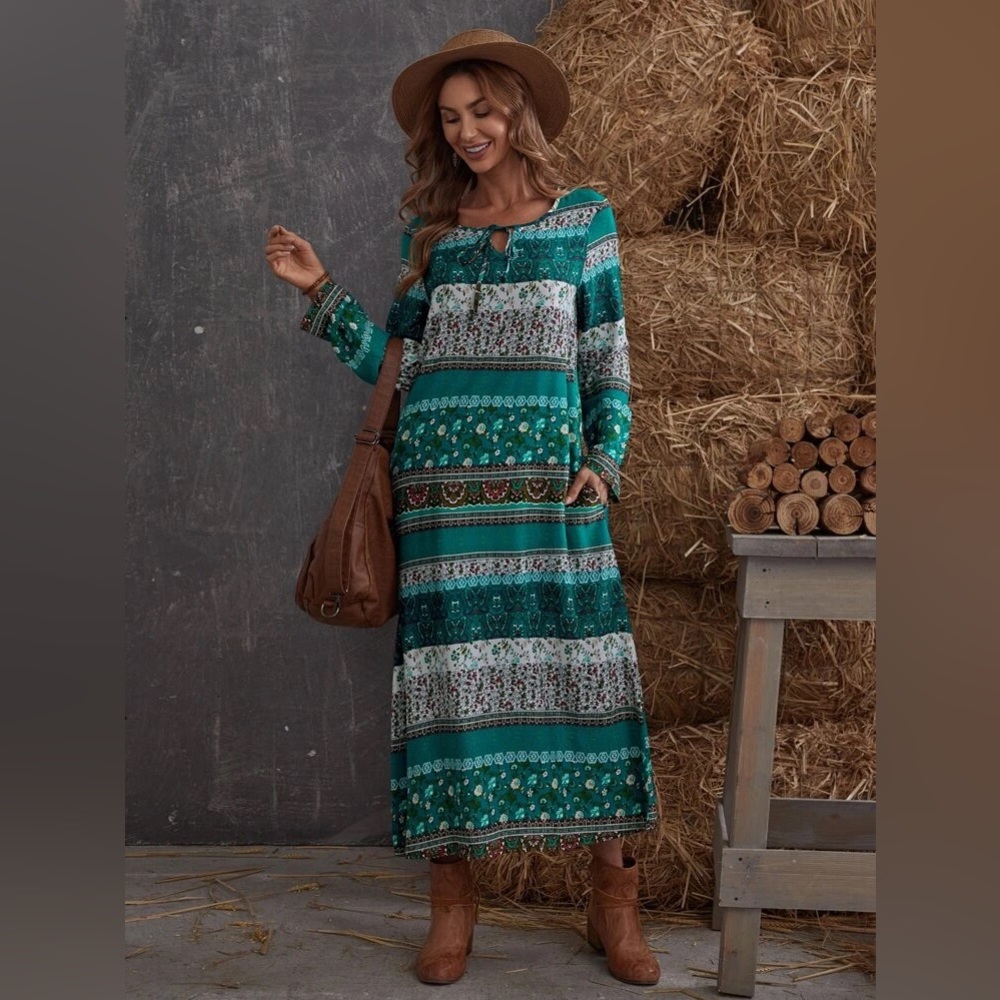 #235 Modest Tribal Floral Long Sleeve Dress - Picture 6 of 17
